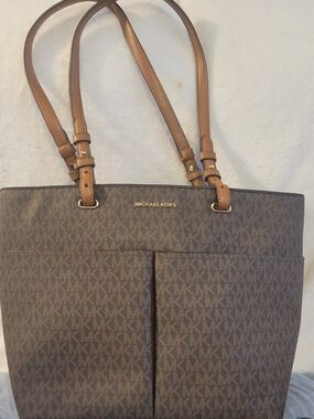 Michael Kors Brown Logo Tote Bag with Tan Straps